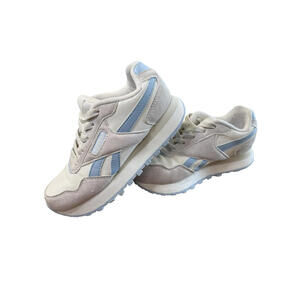 Reebok  Shoes Girls Size 1 Beige Blue Sneaker Leather Athletic Lace Up Excellent